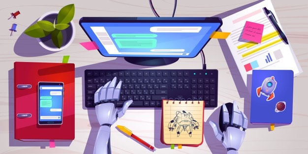workspace-with-robot-working-computer-keyboard-top-view